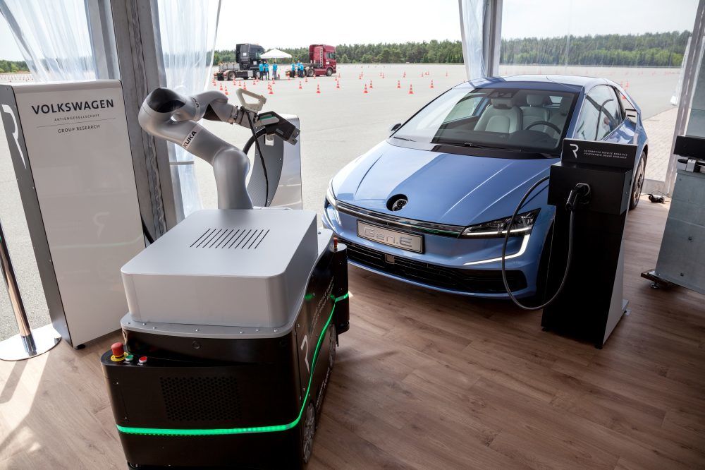 Volkswagen has developed a robotic assistant for recharging electric vehicles