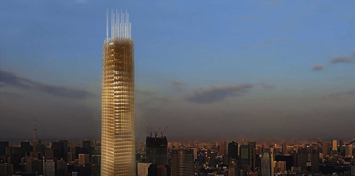 In Tokio bauen Holz-70-stöckige Wolkenkratzer