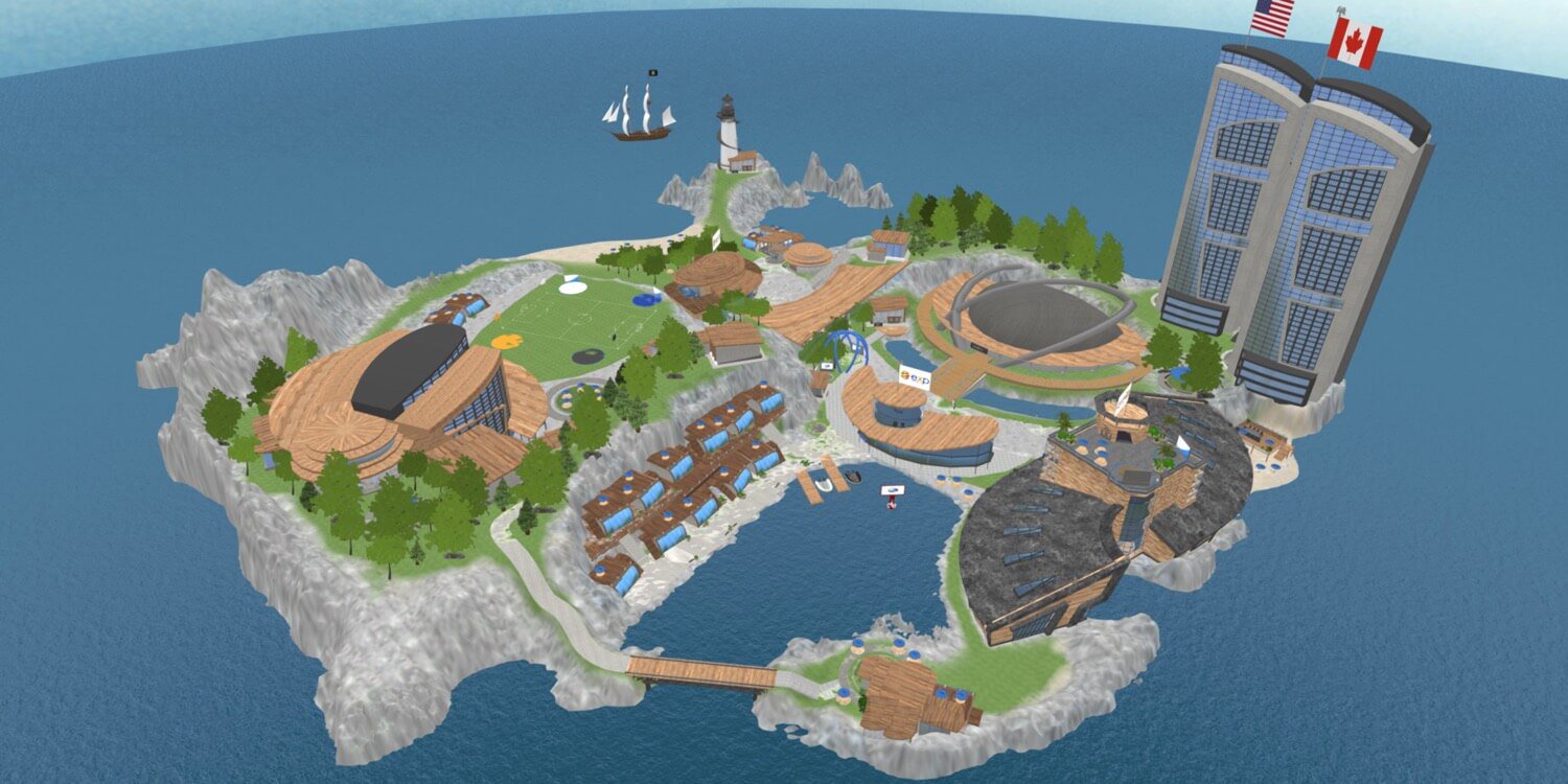 EXp 8000 employees are working on a virtual island from a computer game