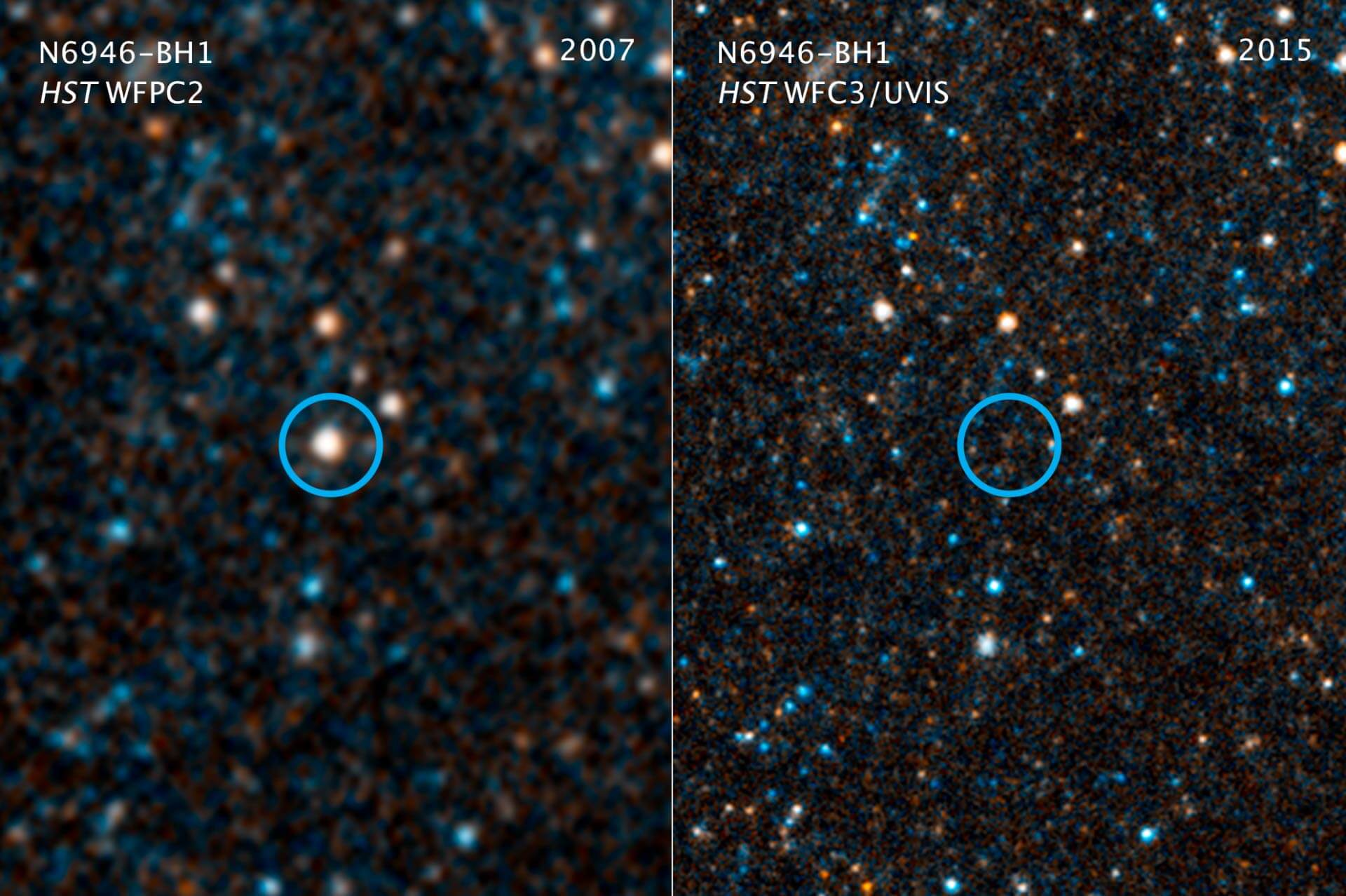 A estrela colapsa em um buraco a direita, em frente da lente Hubble