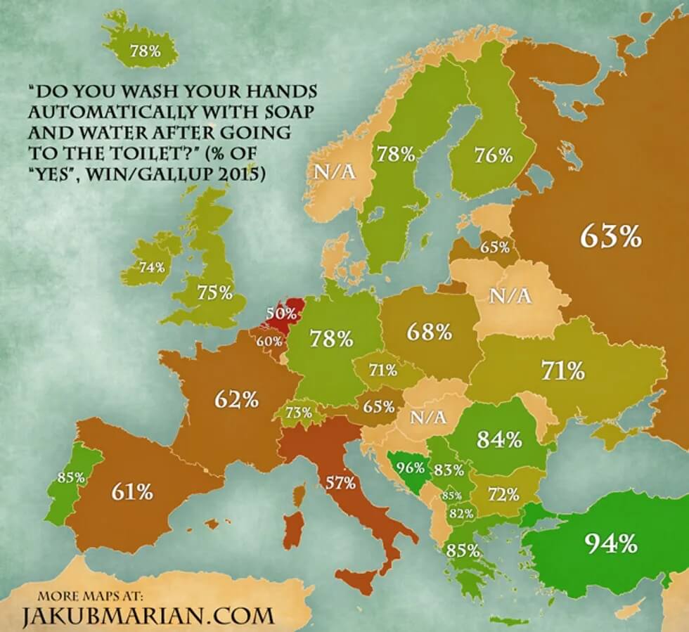 Residents of which countries are least likely to wash their hands?